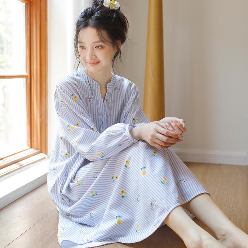

Корейская повседневная женская одежда для сна из чистого хлопка, большая версия, рубашка средней длины до колена, домашняя юбка XXL