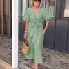 Women's Spring Summer Art Deco-inspired Vintage V-neck Lace-up Puff-Sleeve Cotton A-line Solid-Colour Dress