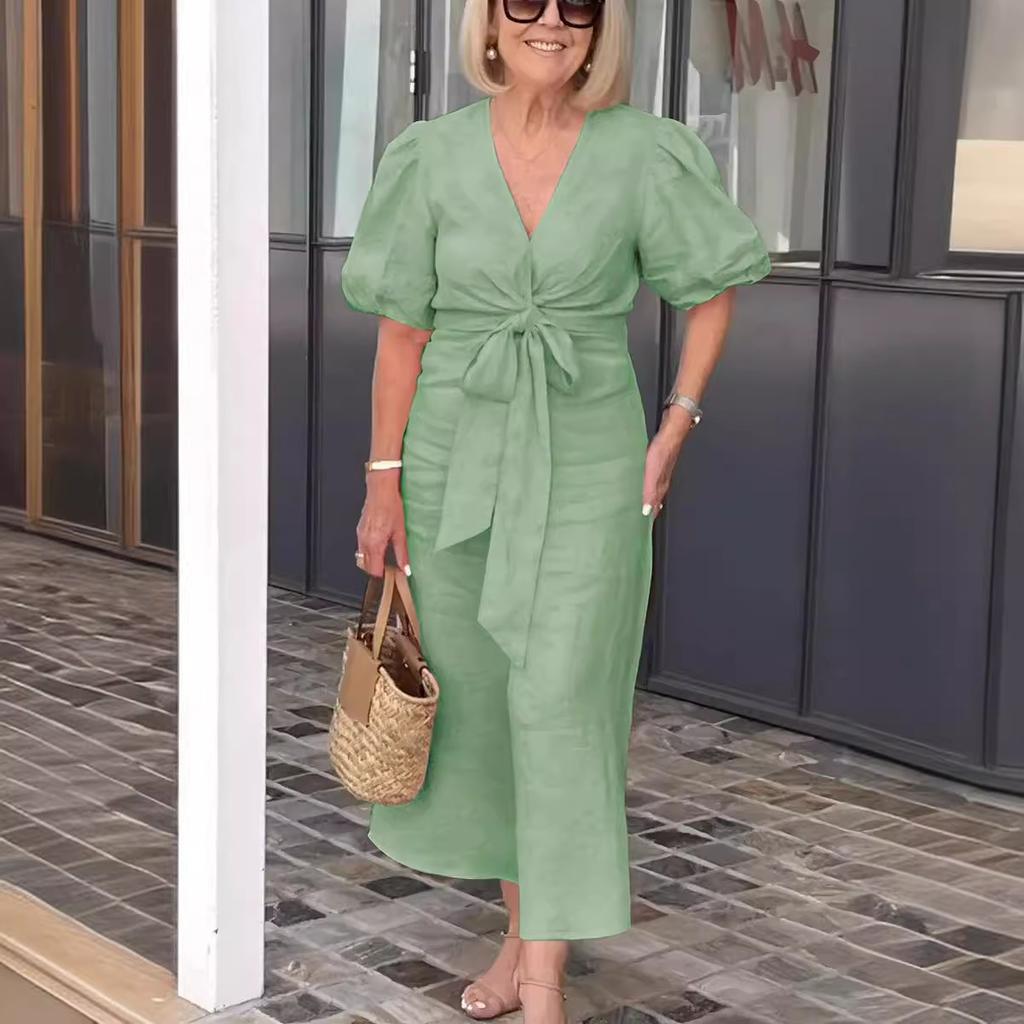 Women's Spring Summer Art Deco-inspired Vintage V-neck Lace-up Puff-Sleeve Cotton A-line Solid-Colour Dress