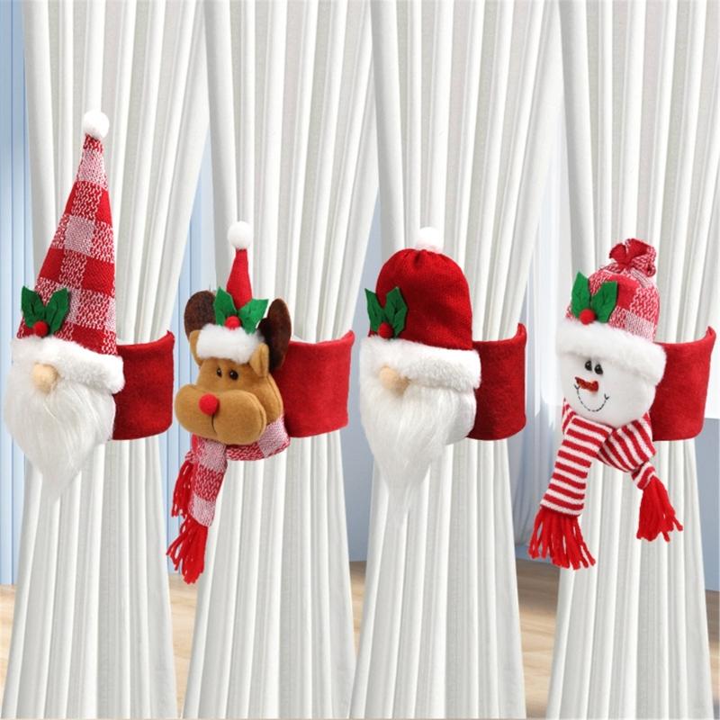 4Pcs Santa Ornament Plush Curtain Tieback Holiday Curtain Holder Christmas Plush Dolls Christmas Decoration Curtain Clasps Belt