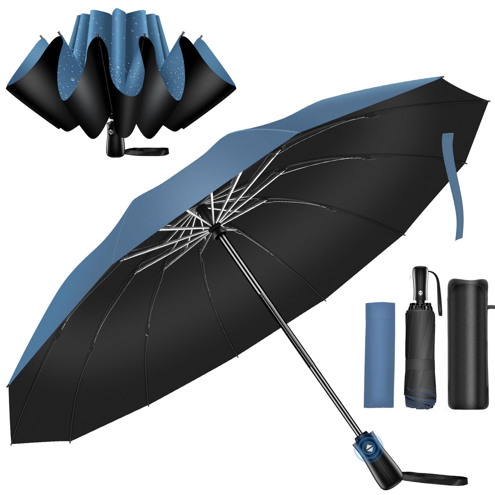 

Складной зонт 12 спиц Зонт с обратным сложением Автоматическое открытие и закрытие Супер водоотталкивающий зонт Очень большой размер Долговечный ветроустойчивый синий