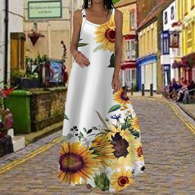 Damen Slip Dress Maxi Langes Kleid Weißes Kleid mit Sonnenblumen-Print Frühling & Sommer Freizeit Urlaub