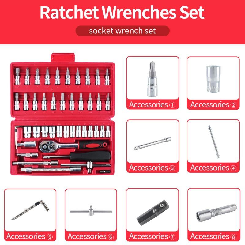 Car Repair Tool Kit 46/53 Piece/Set 1/4-Inch Socket Set Car Repair Tool Ratchet Torque Wrench Combo Auto Repairing Tool Set