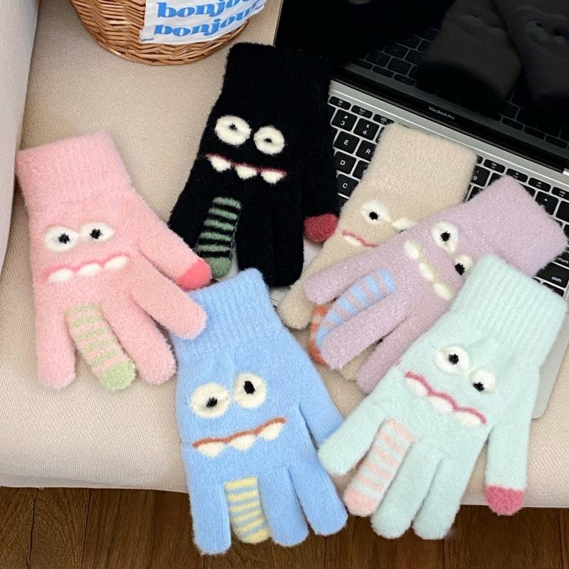 Funny Monster Finger Touch Screen Plush Knitted Gloves Cute Winter Knitted Gloves Warm Thickened Velvet Split Finger Gloves