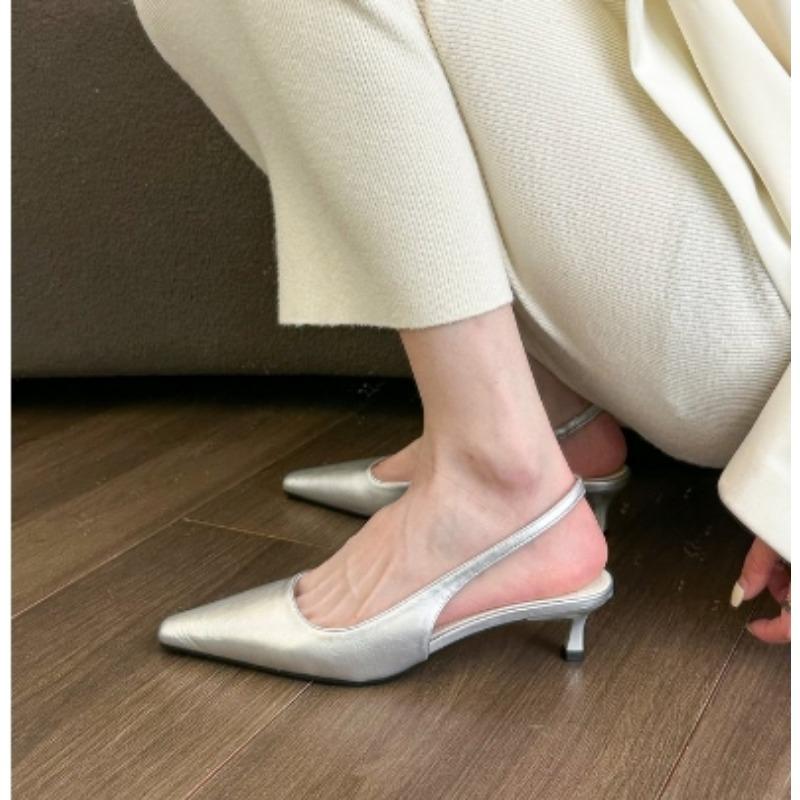 Spring Summer Women Kitten Heels Pointed Toe Sandals Fashion Back Buckle Bling Silver Ladies Casual Med Heels Shoes Sandals