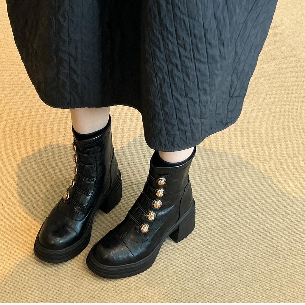 Sheepskin version~ Martin boots women's 2025 new British black round head badge small gold buckle rear zipper high heel short boots