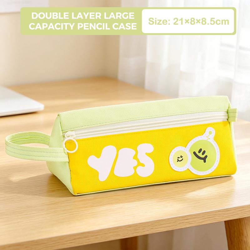 Cute Canvas Pencil Case Double Layer Large Capacity Portable Handle For School Students Stationery Storage