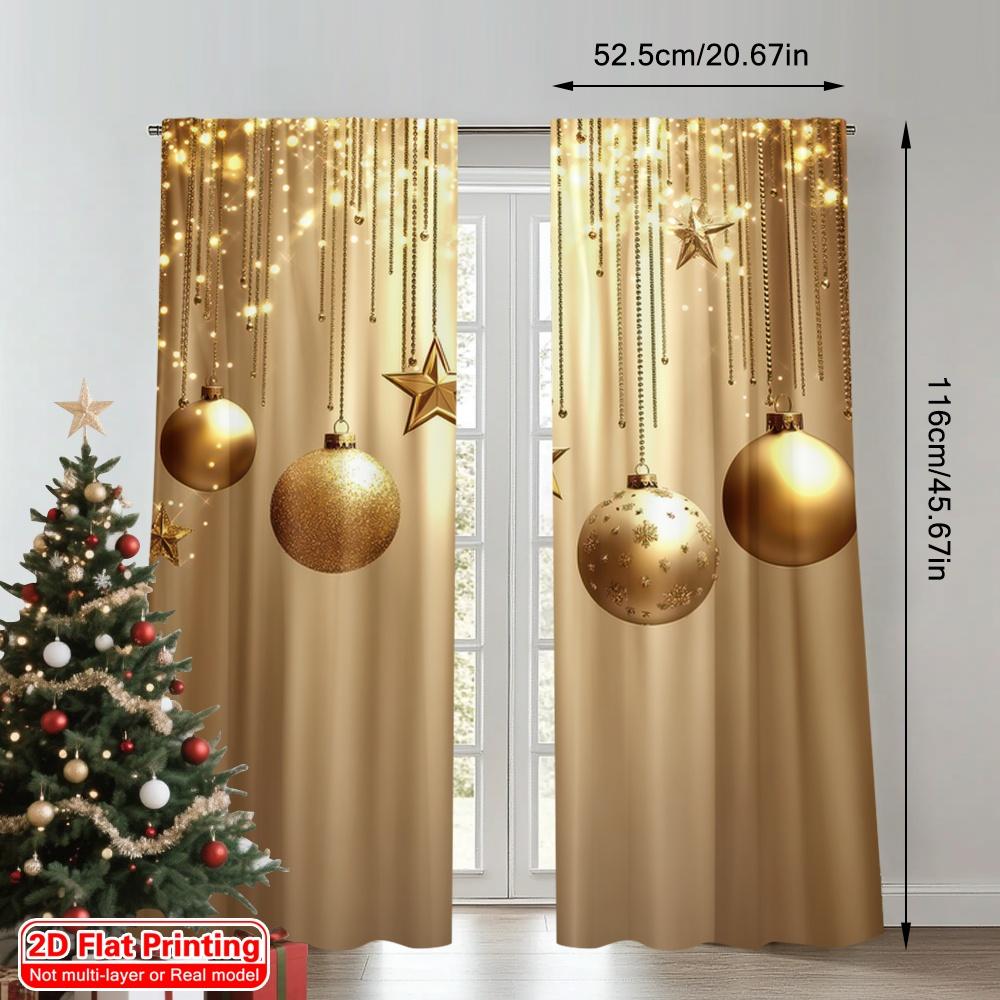 2D Flat Printing 2Pcs Christmas Window Curtains Ball And Stars Pattern Rod Pocket Design For Bedroom Living Room Office Decor
