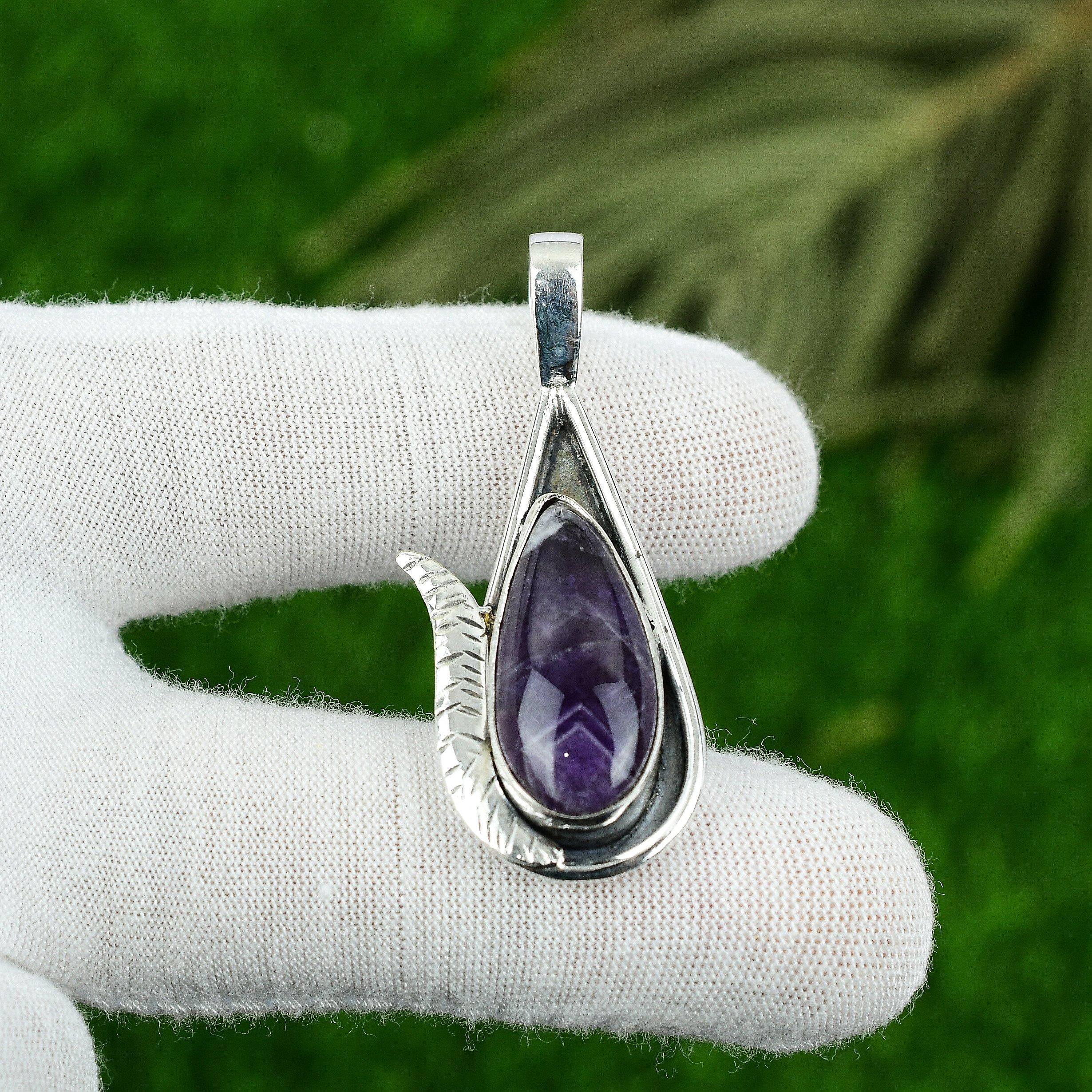 Pear Natural Chevron Amethyst 925 Silver Bezel Handcrafted Trendy Unique Pendant