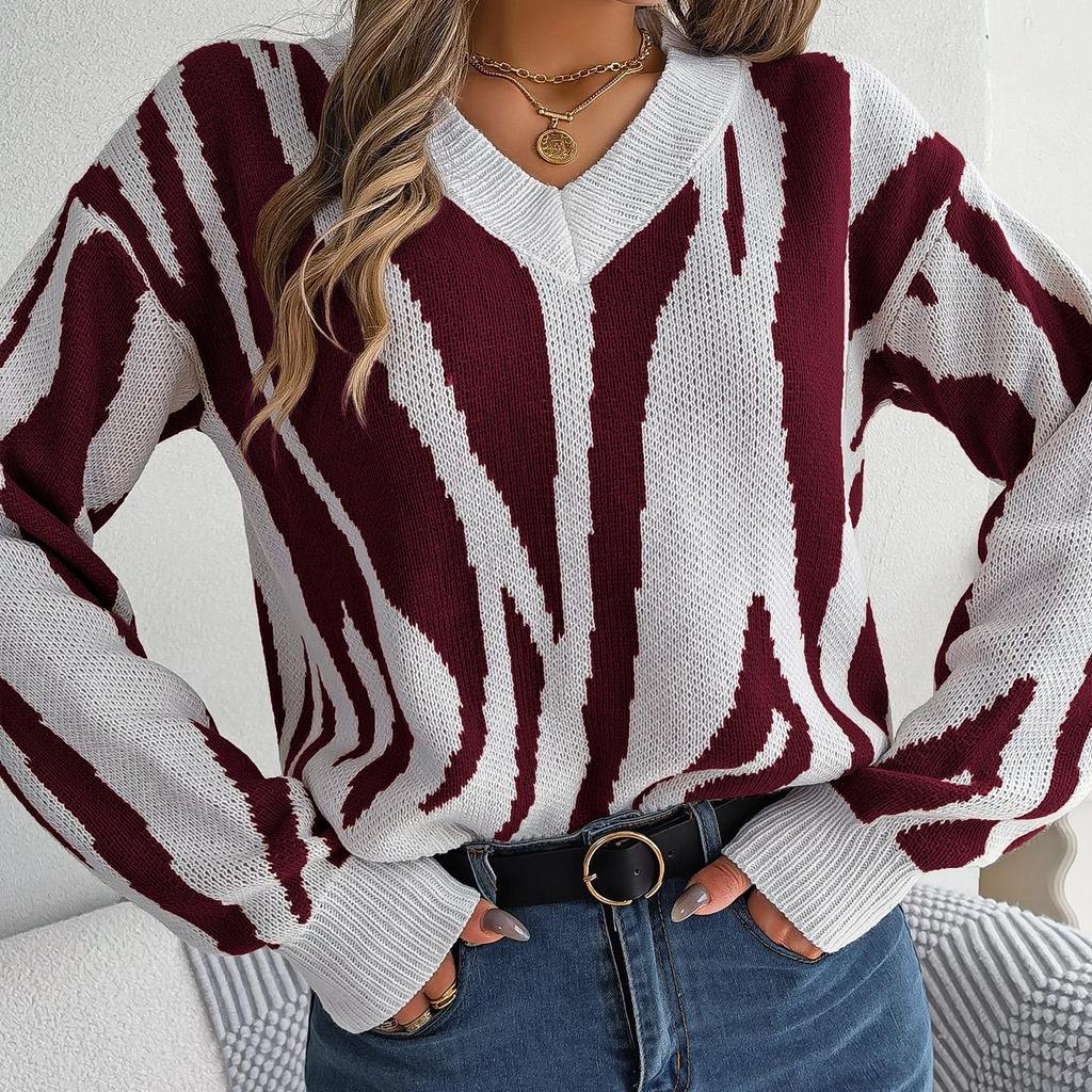 Herbst Winter Vintage Locker Langarm Oberteil Druck Farbe Strickjacke Strickware V-Ausschnitt Pullover