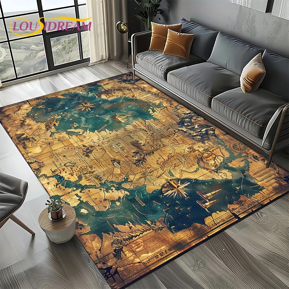 2025 Retro Ancient Nautical Chart Kraft World Map Compass Carpet Rug for Living Room Bedroom Sofa Decoration,Non-slip Floor Mat