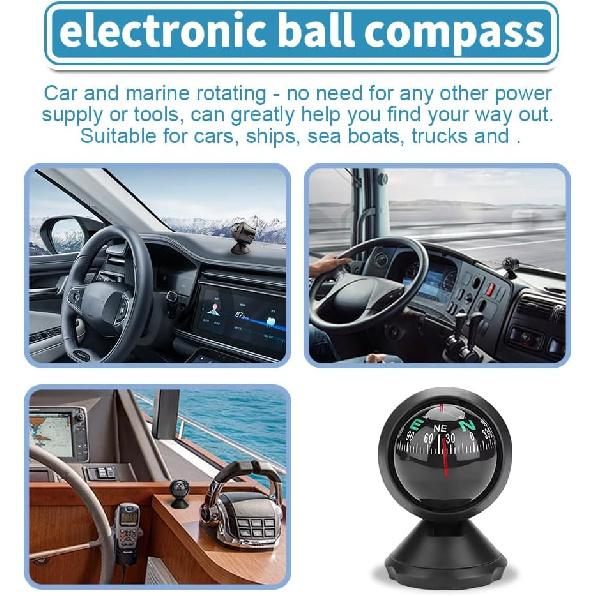 Car Compass, Vehicle Compass, Dash Mount Adjustable Compass Ball with Bottom Stick, Universal Car Accessories Navigation Hiking Direction Pointing