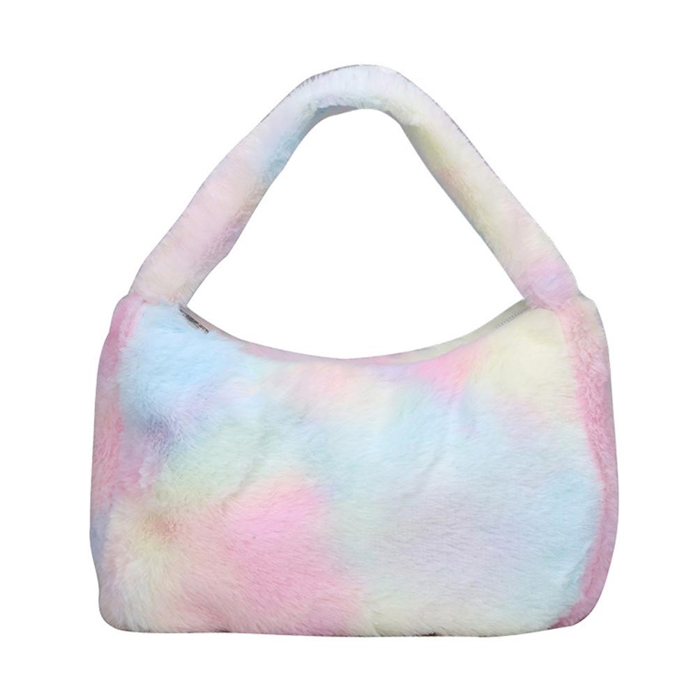 Rainbow Shoulder Bag Simple Fashion Furry Bag Large Capacity Fluffy Tote Bags Colorful Top-handle Bag for Autumn Winter