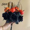 Black Maple Leaf Decor Halloween Flowers Bouquet Decorations, Artificial with Pumpkin Rose Eucalyptus Dried Leaves Flower Stems Floral Stems,