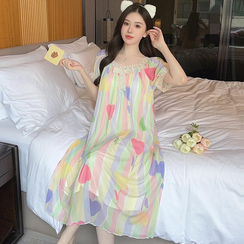 Linglei Summer Printed Lace Bow Mesh Court Princess Style Long Nightdress Pajamas Loungewear Women