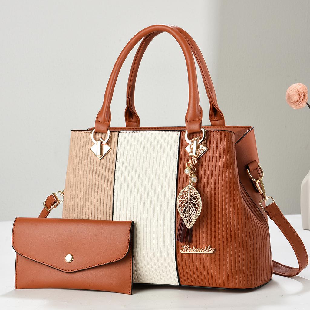Practical Patchwork Handbag Combo With Mini Pouch, Multi-purpose Top Handle Shoulder Crossbody Matching Bag For Ladies