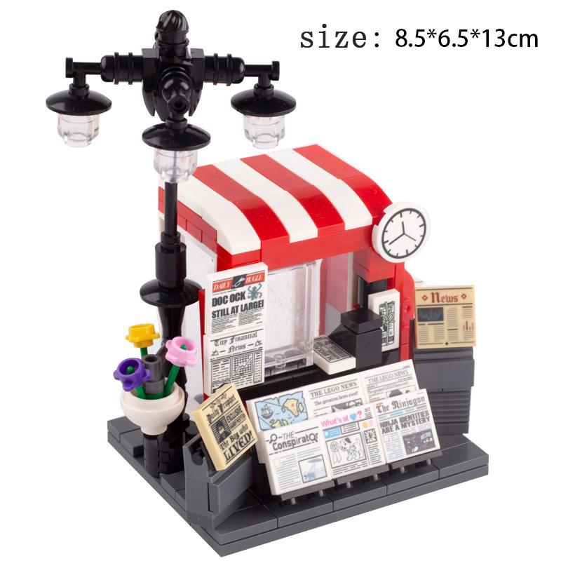 MOC Essensstand Bausteine Telefonzelle Toilette Stadt Straßenszene Pizza Hot Dog Eiswagen DIY Blumenbeet Kirche Steine Spielzeug