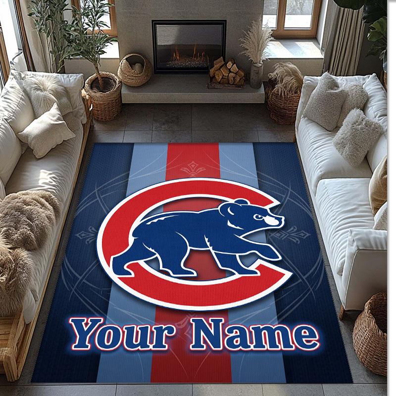 Chicago Cubs Crystal Velvet Rug, Custom Name Text Personalized Non‑Slip Floor Mat for Home Decor Gift