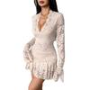Sexy Lace Deep V Neck Long Sleeve Ruffle Hem Bodycon Dress
