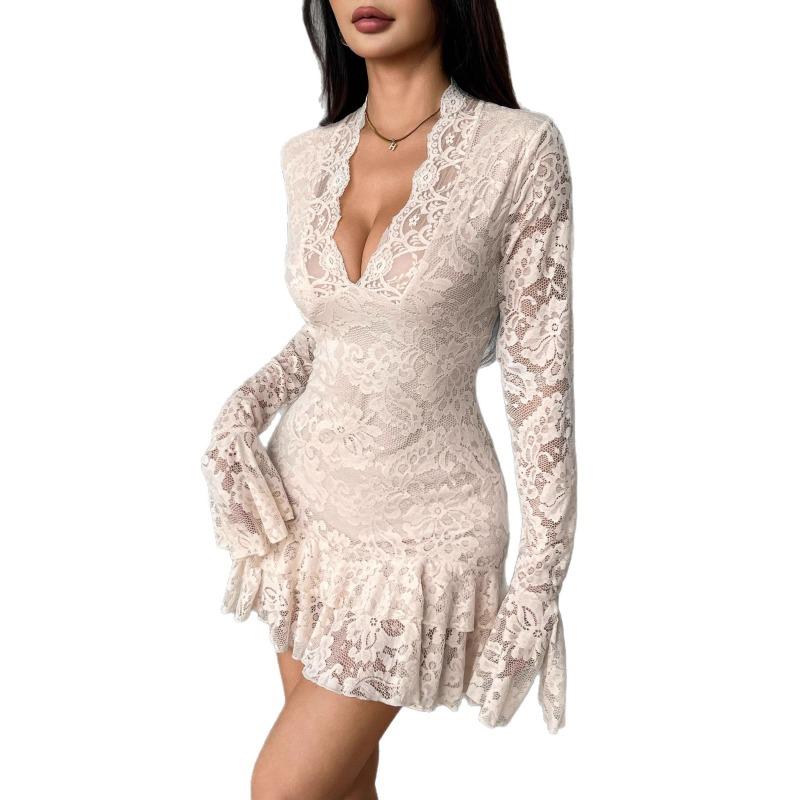 Sexy Lace Deep V Neck Long Sleeve Ruffle Hem Bodycon Dress