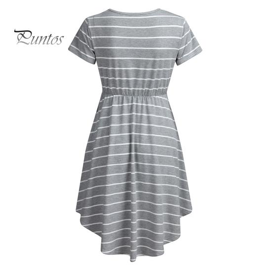 Summer Mother Breastfeeding Dress Openable Front Striped Round Neck Irregular Hem Short Sleeve Pregnant Women Nightdress Midi Dress