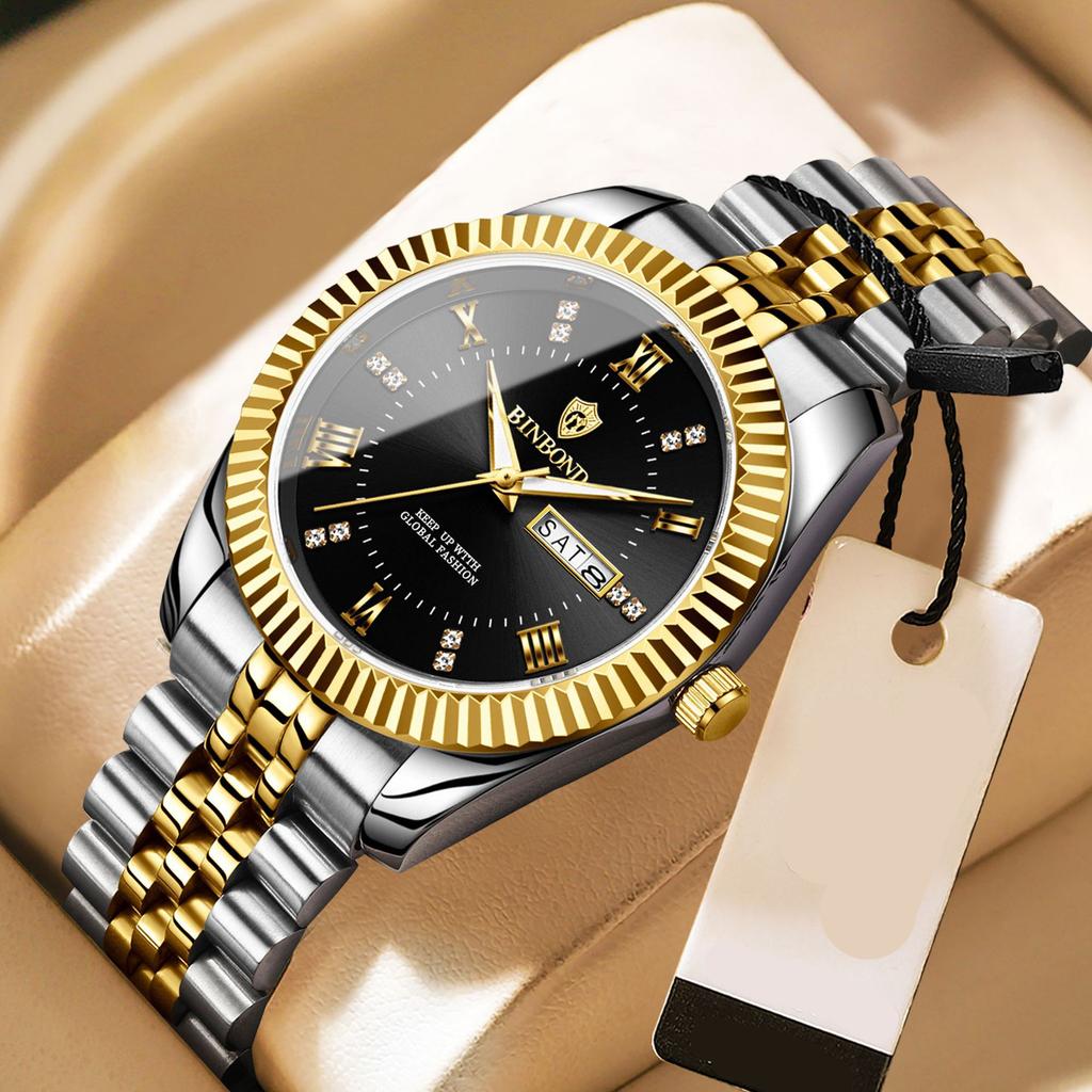 Binbond B0756 0756 Men Quartz Movement Watch Stainless Steel Band Auto Date Waterproof Luminous Business Casual Male Wristwatch