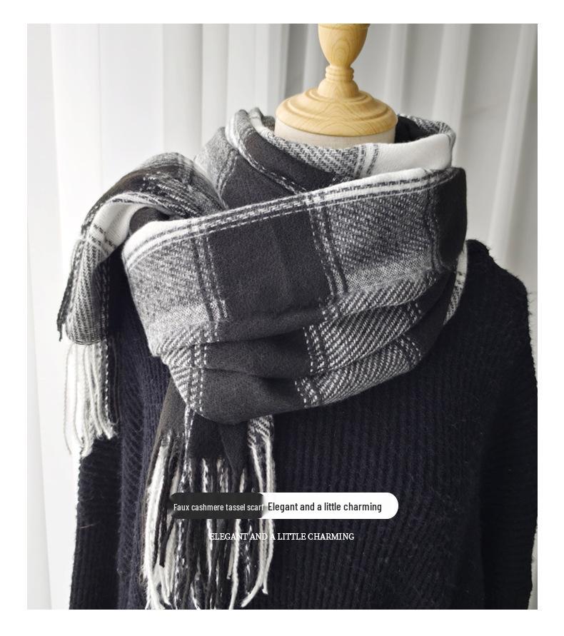 Women's 2024 Korean Style Plaid Snood: Versatile Thick Tassel Shawl for Autumn and Winter