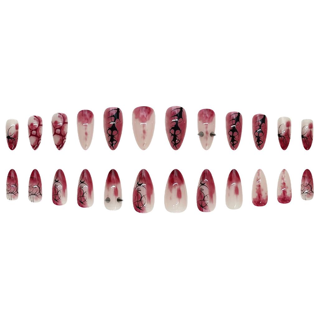 24PCS Gothic Halloween Style Press On Nails Red White False Nails with Black Web Pattern Silver Spike Design Manicure for Women