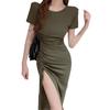 Women's Dress Summer Drawstring Short Sleeve Sexy Slit Long Dress Slimming Mid-length Dress