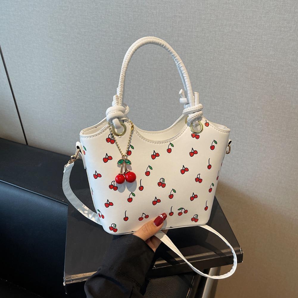 Leather Bucket Cherry Printed Crossbody Bag for Women Girls Stylish Small Tote Handbag Zipper Satchel Bag with Adjustable Strap