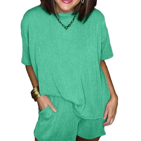 

2 шт./компл. женский топ с шортами, комплект с круглым вырезом и короткими рукавами, свободная нить, сплошной цвет, дышащая мягкая повседневная домашняя одежда, комплект из двух частей, спортивная футболка, брюки S зелёный