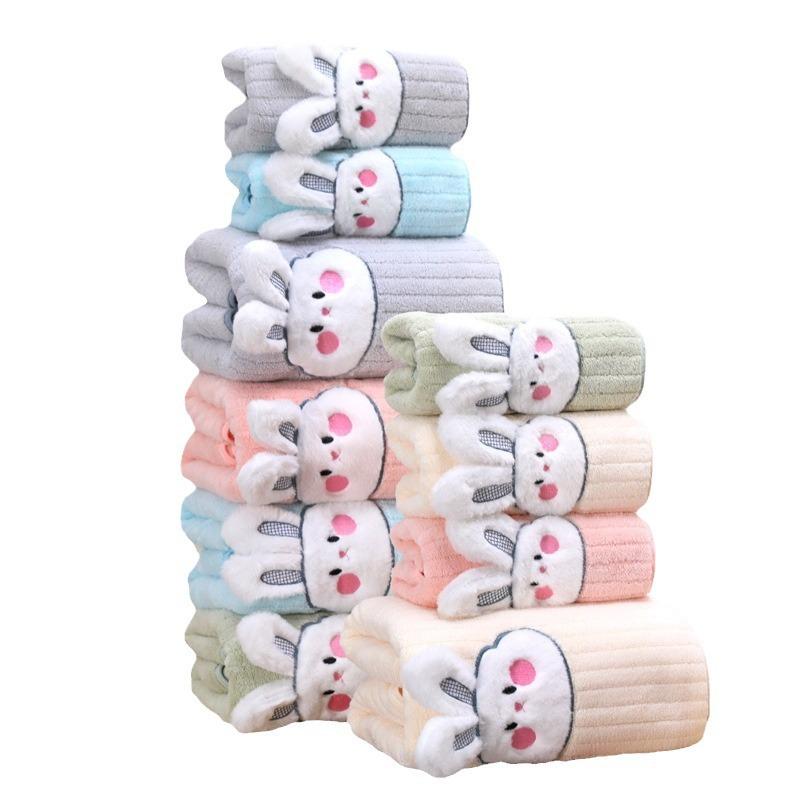 Plus Size Cartoon Rabbit Bath Towel Set for Kids - Cute, Quick Dry, and Absorbent Coral Fleece for Home Use