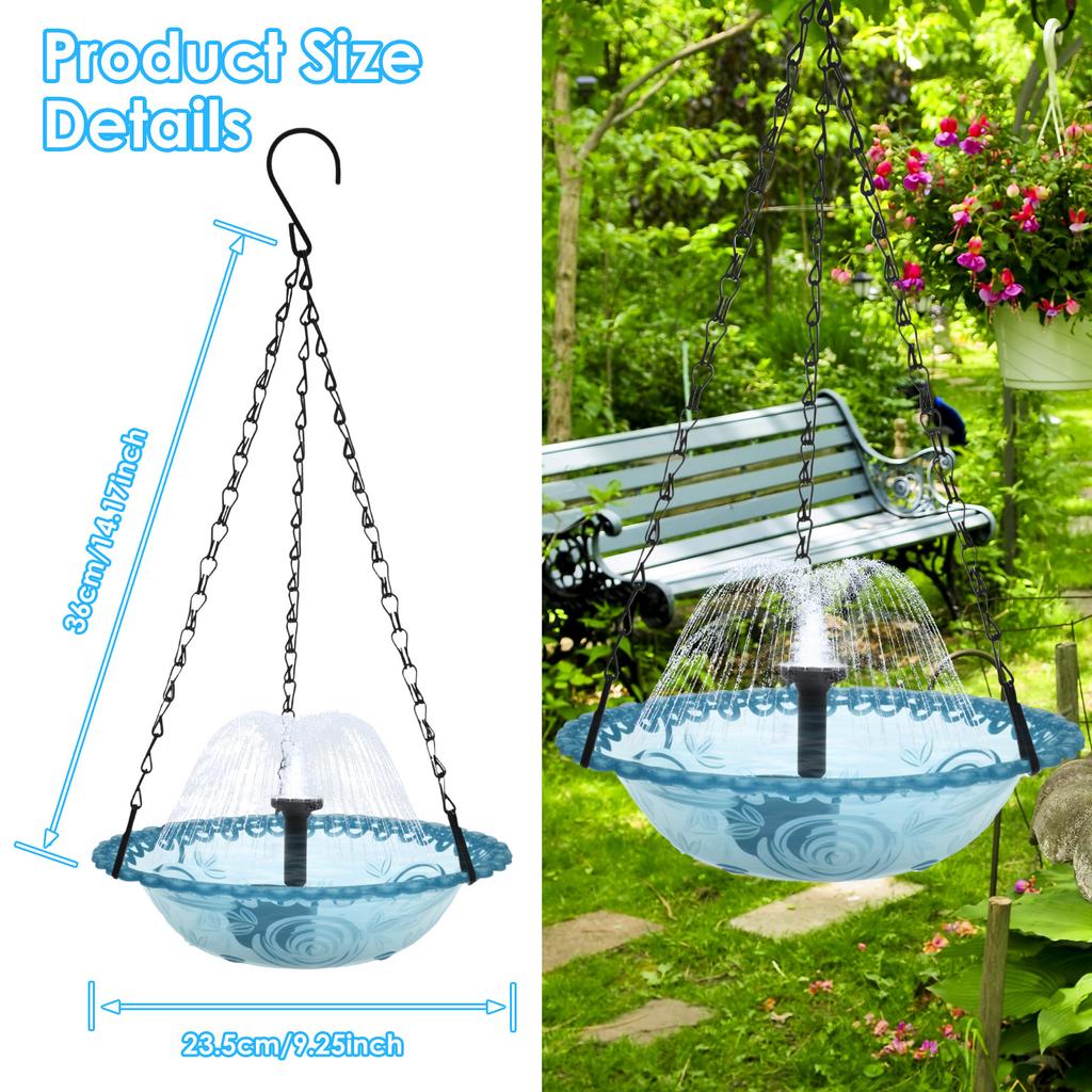 Solar Bird Bath Fountains Pump Plastic Outdoor Hanging Hummingbird Feeder Birdbath with Metal Hook Yard Patio Garden Decoration
