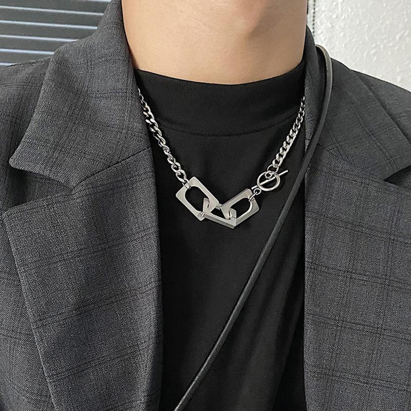 Unisex Titanium Steel OT Buckle Necklace - Trendy Hip Hop Clavicle Chain for Men & Women, Patchwork Streetwear Elements.