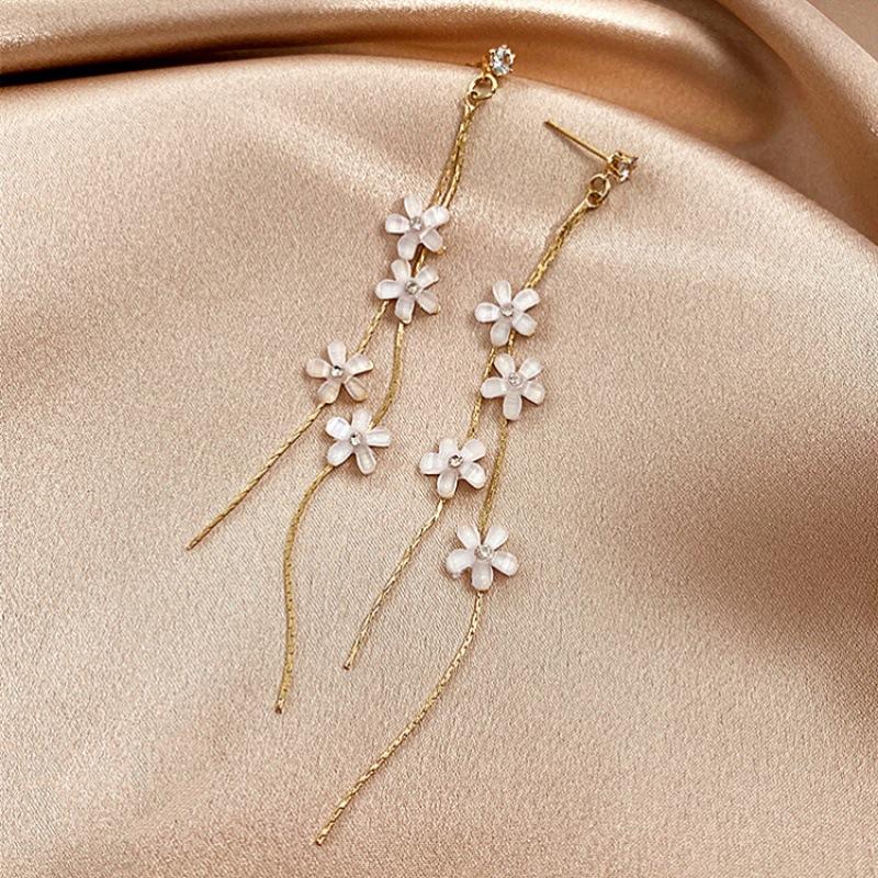 2026 Fashion Women Resin Flower Rhinestone Tassel Long Earrings Drop Dangle Earrings Wedding Party Jewelry Accessories Gifts