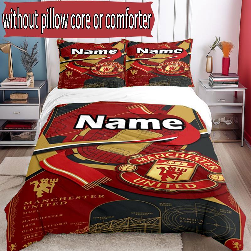 3pcs Duvet Cover Set (1*Duvet Cover + 2*Pillowcase, Without Core), Custom Name Manchester United Pattern Bedding Set, Home Bedroom Decor Gift