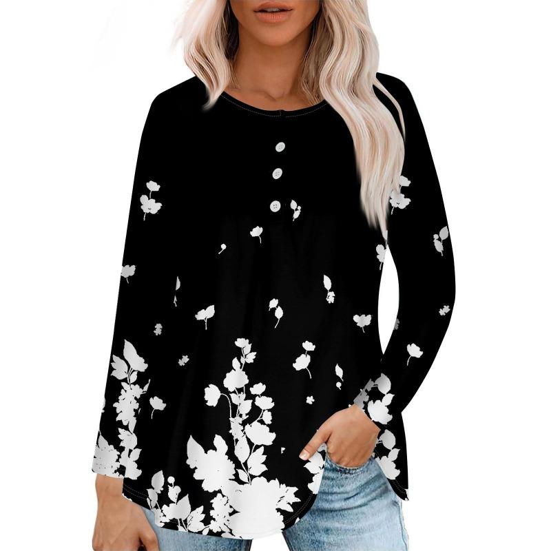 

Женская мода с длинным рукавом повседневная футболка с круглым вырезом на пуговицах пэчворк плиссированный винтажный цветочный принт топ футболки женские 6XL чёрный