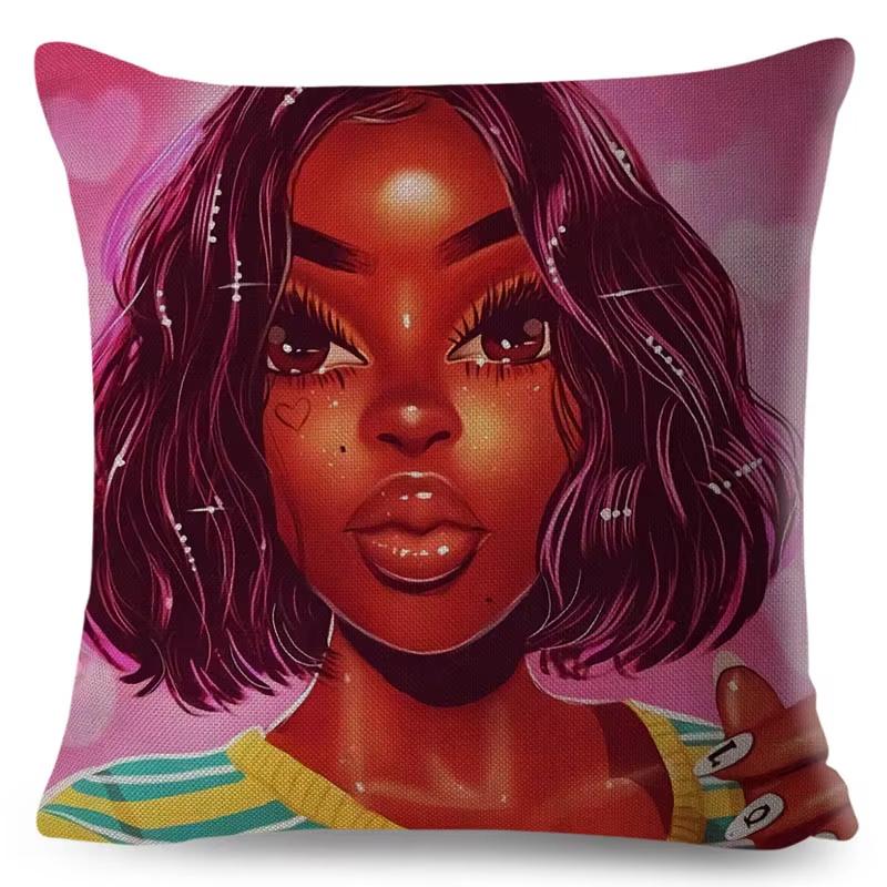 1Pc Elegant Black Girl Art Pillow Cover 2D Double-Sided Polyester Decor African Melanin Cushion Cover For Home Sofa Bedroom Gift