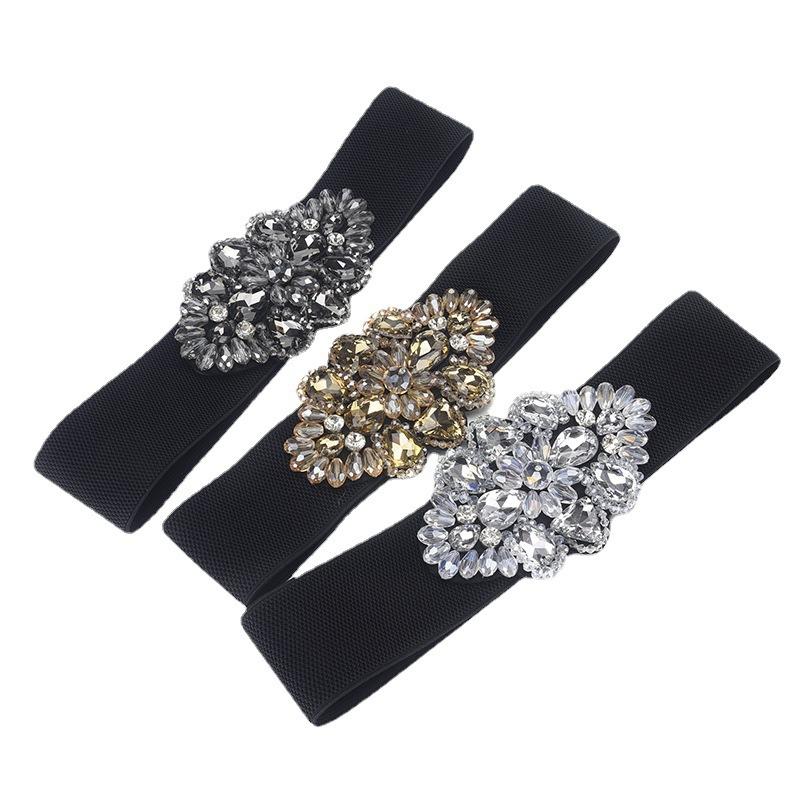 Meimeier Crystal rhinestone waist cincher with elastic wide waistband for dresses - formal dress decoration elastic belt