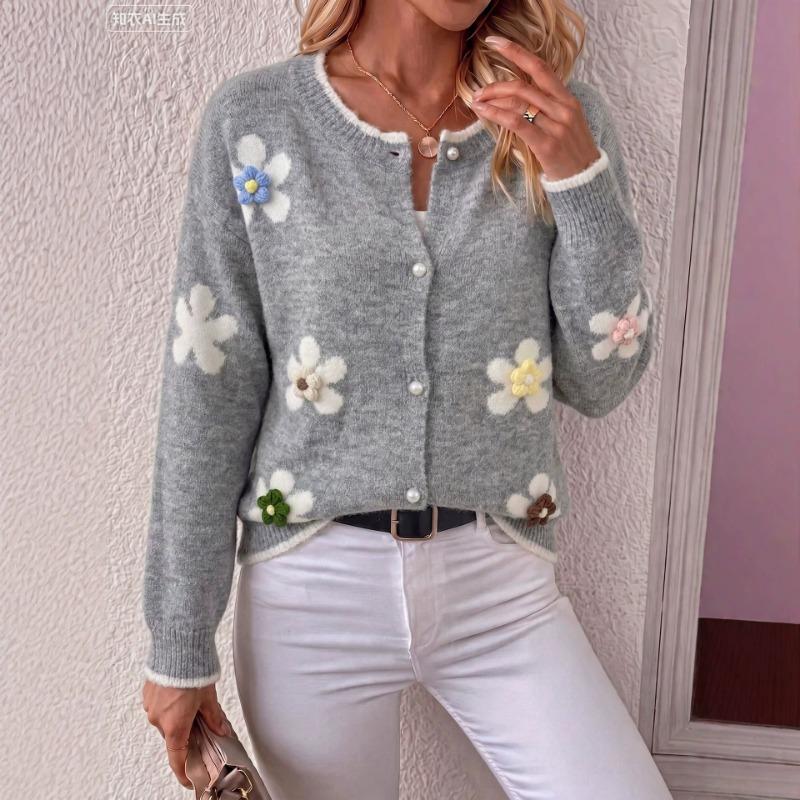 Damen Rundhals 3D Blumen Strick Langarm Lockerer Cardigan Pullover