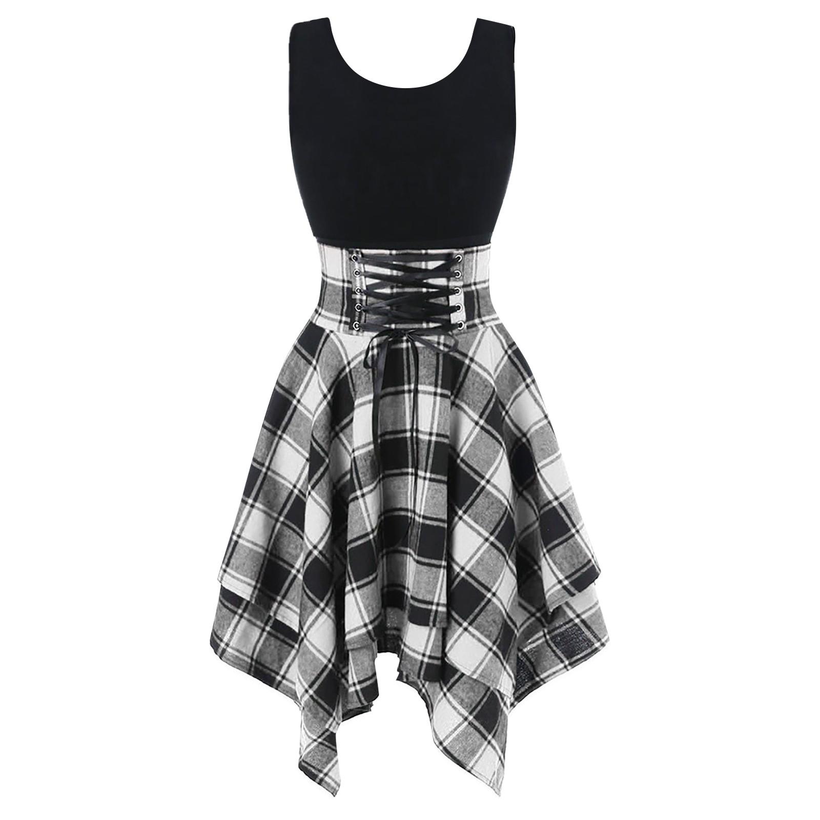 

Модное женское платье без рукавов с открытыми плечами и крестиком в клетку с нерегулярным принтом XXL серый