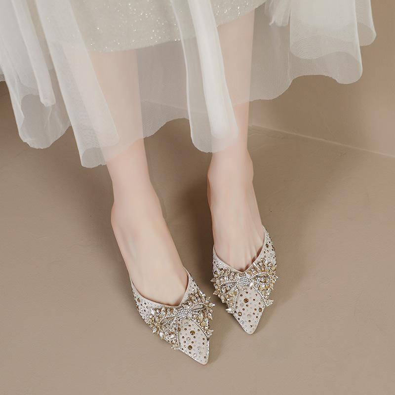 Fashion Delicate Crystal High Heels Shoes Ladies Fox Buckle Slippers Thin Heel Pumps Women Pointed Toe Mules Slides Brides Party Tacones