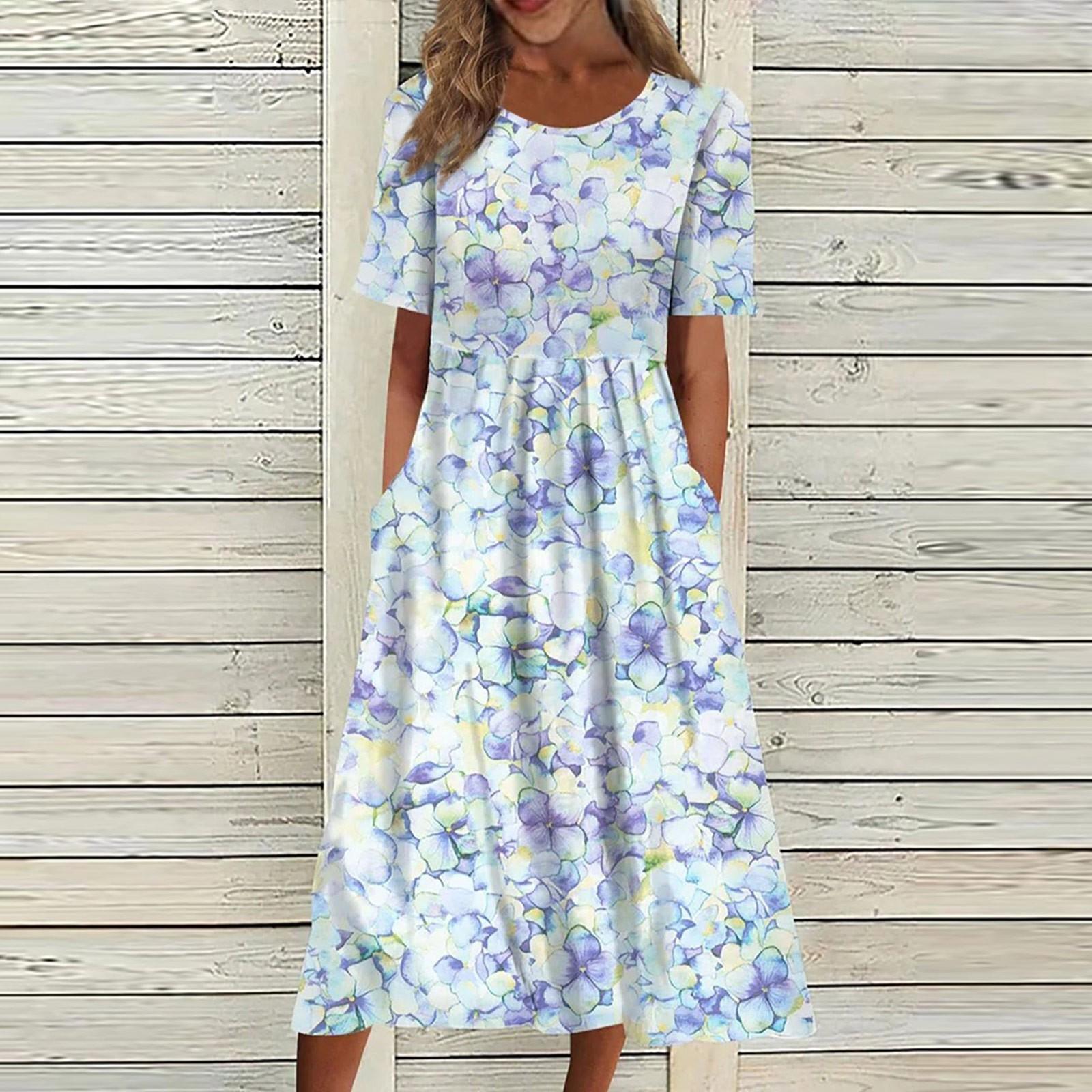 

Women s Floral Print Casual Midi Dress with Pockets, Short Sleeve Summer Sundress for Daily and Vacation Wear L