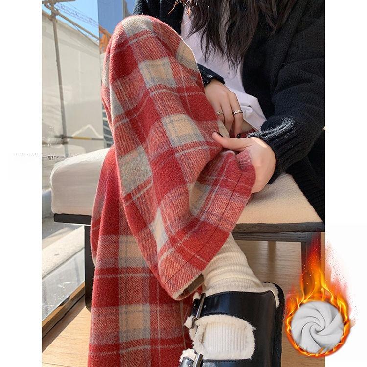 Coffee-colored Retro Checkered Casual Pants for Women In Autumn and Winter, Thickened and Fleece High-waisted Woolen Loose Floor-length Pants