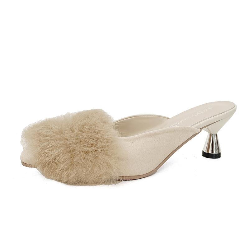 Mao Mao High Heels Women's 2024 Spring and Autumn New British Style Fashion Outer Wear Pointed Head Thin Heel Bag Head Half Slippers