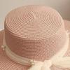 Beach Straw Hat Flat Top Wide Brim Sun Protection Hat with Tulle Bow Imitation Pearls Decor Hand-Woven Breathable Summer Hat