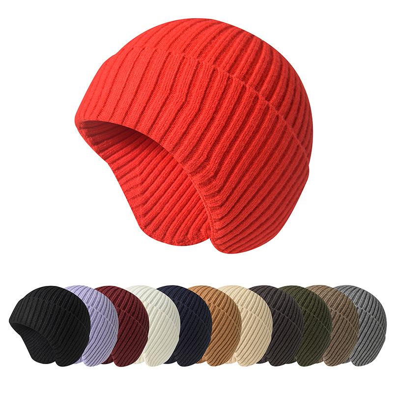 Unisex Autumn/Winter Solid-Colour Knitted Beanie with Ear Flaps Couples' One-Piece Winter Cycling Beanie Windproof One-Piece Cold-Weather Beanie