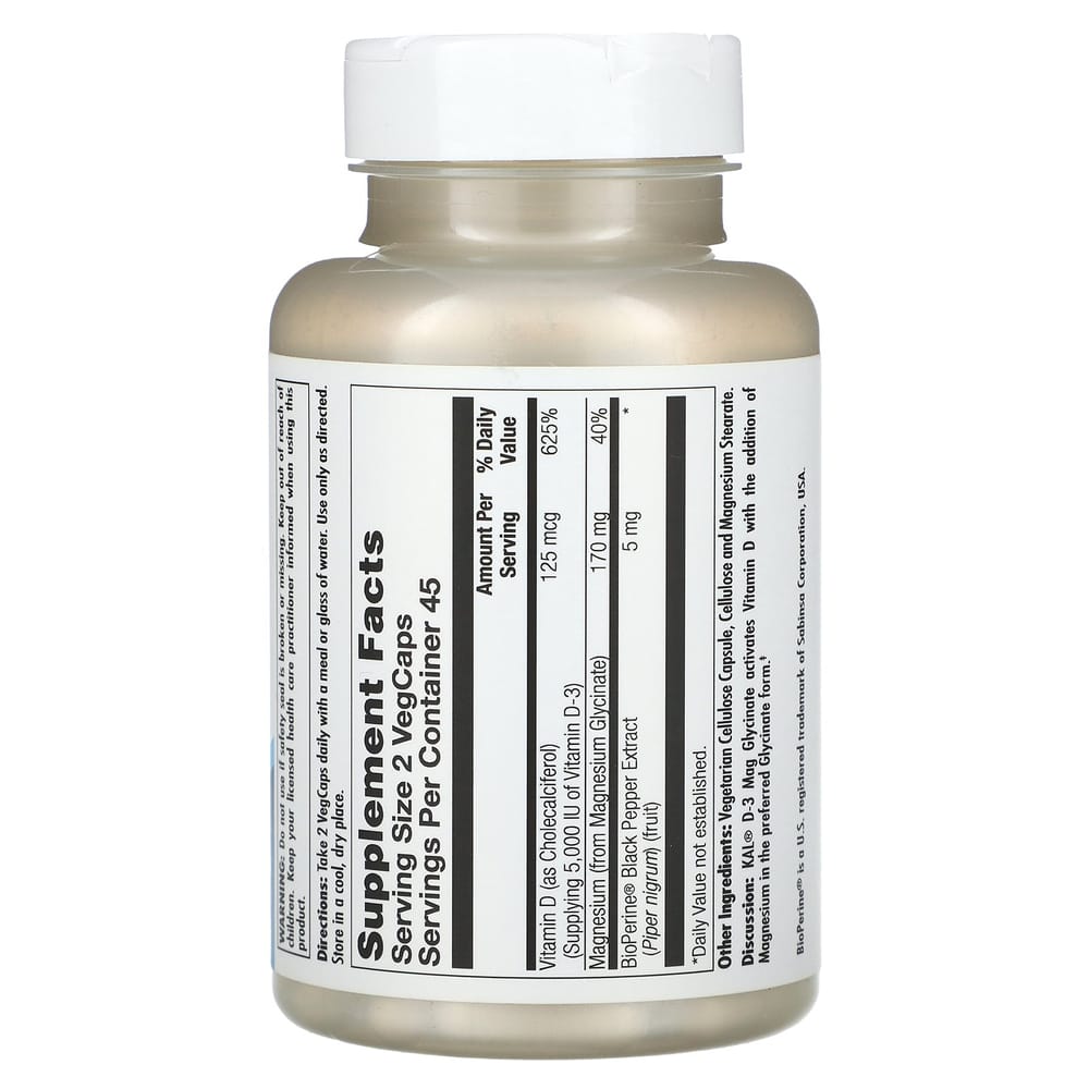 KAL D-3 Magnesium Glycinate 125mcg/170mg Veggie Capsules, 90 Count