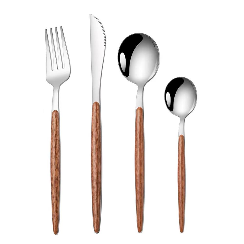 11Pcs Gold Cutlery Set Stainless Steel Flatware Wooden Handle Mirror Polished Steak Knife Fork Spoon Teaspoon Gift Box for Home