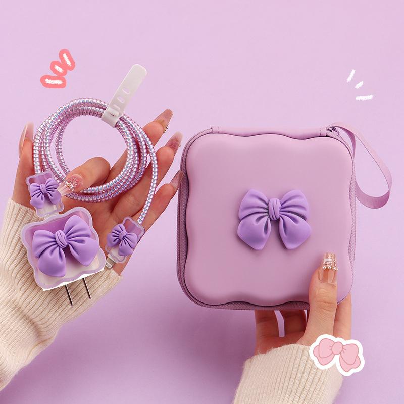 

Korea Cute 3D Bow Wave Gradual Change + EVA Storage Bag Set Charger Cover For IPhone 11 12 13 14 18/20W Charge Correa Protection